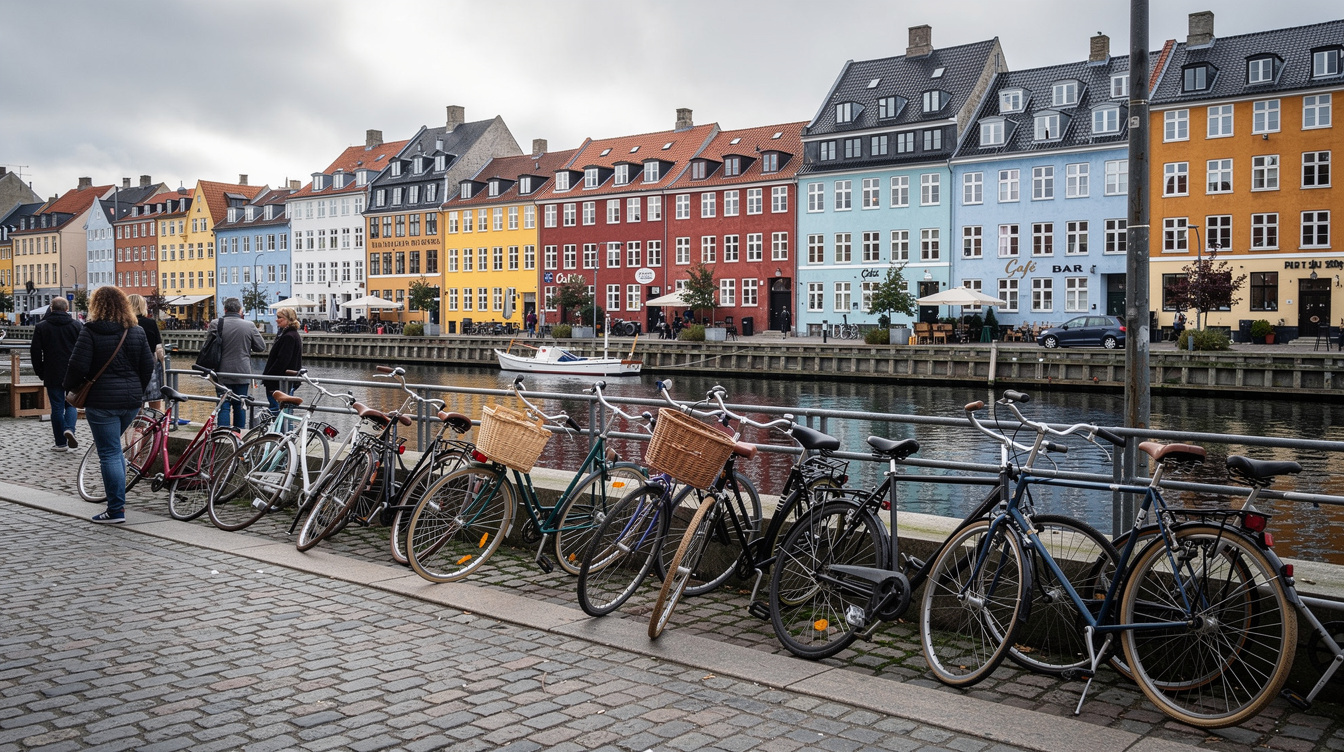 Colorful harbourfront houses in a Danish city